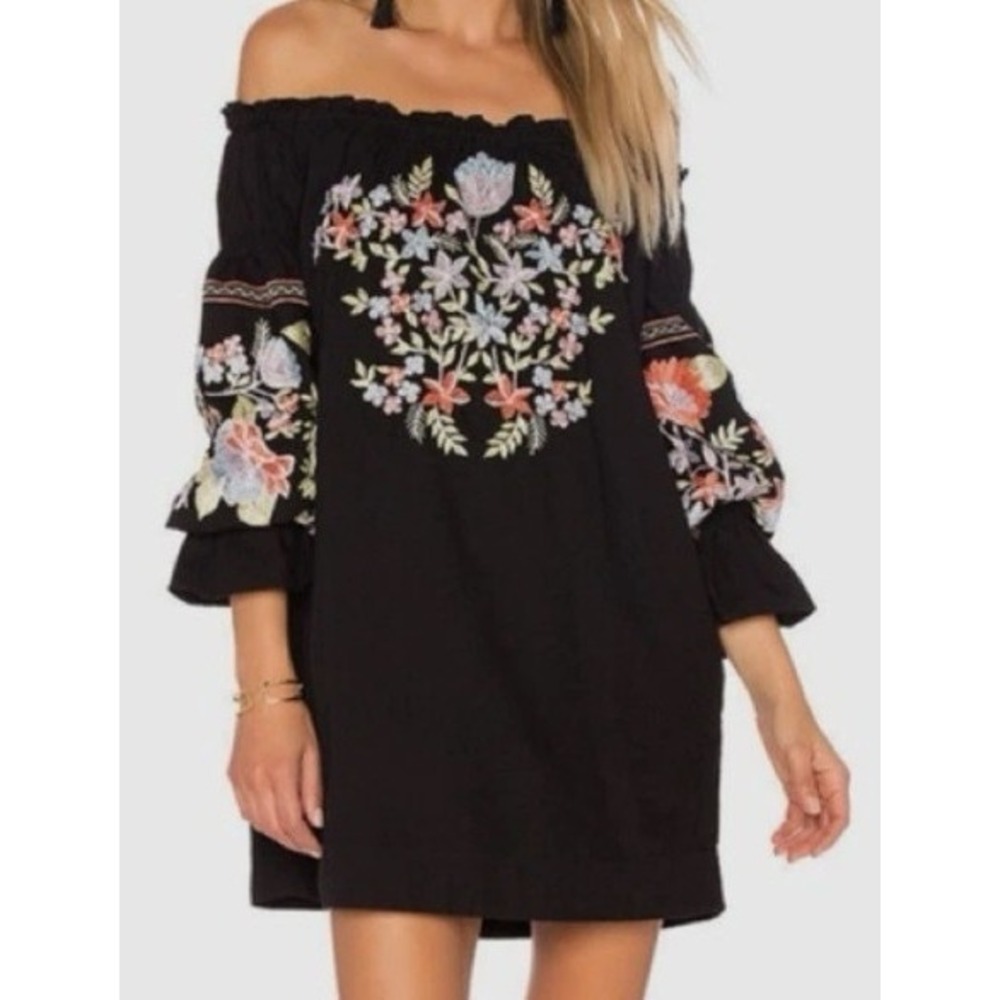 Free People Fleur du Jour Black Boho Floral Embroidered Mini‎ Dress XS